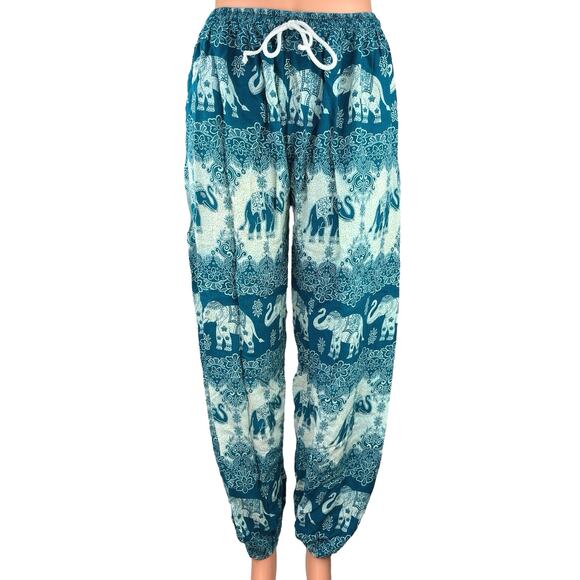 Advance Green Floral Elephant Tribal Thai Drawstring Harem Jogger Pants Size S - Picture 1 of 7